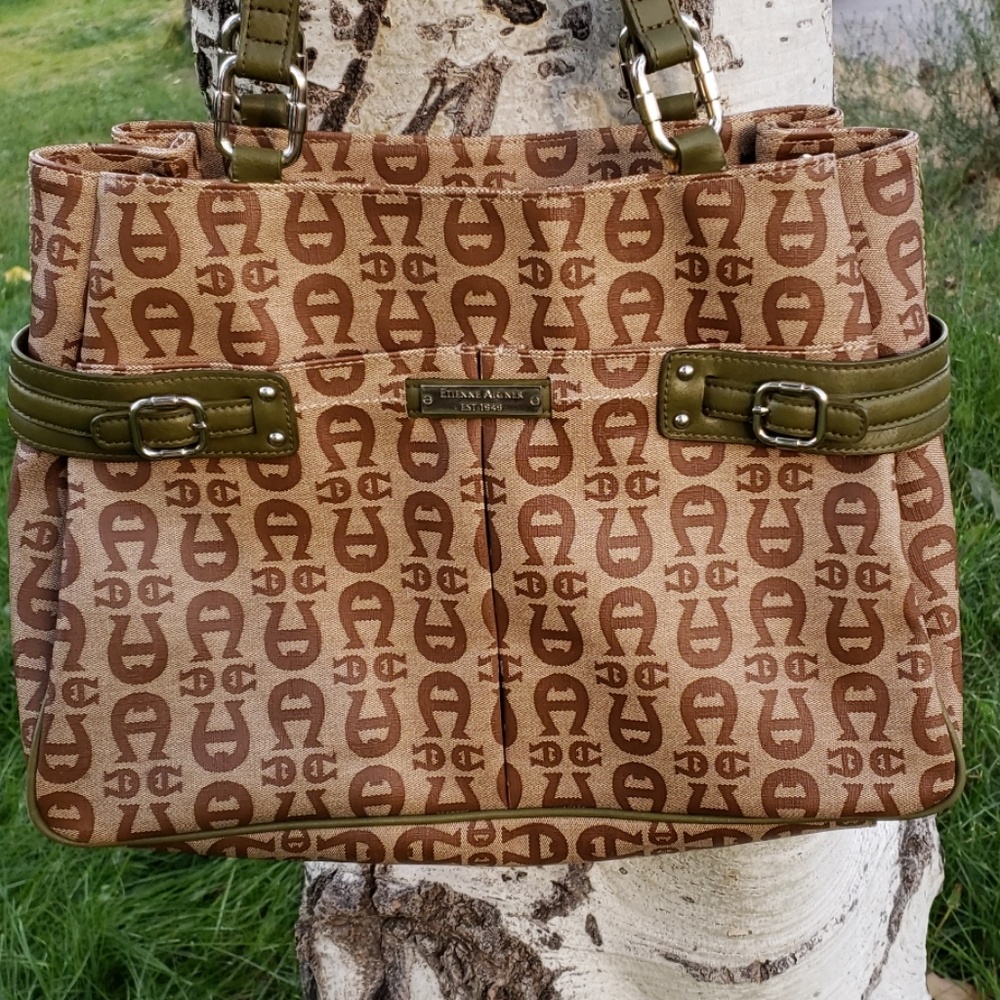 Large Etienne Aigner Tan Green Logo Leather Bag
